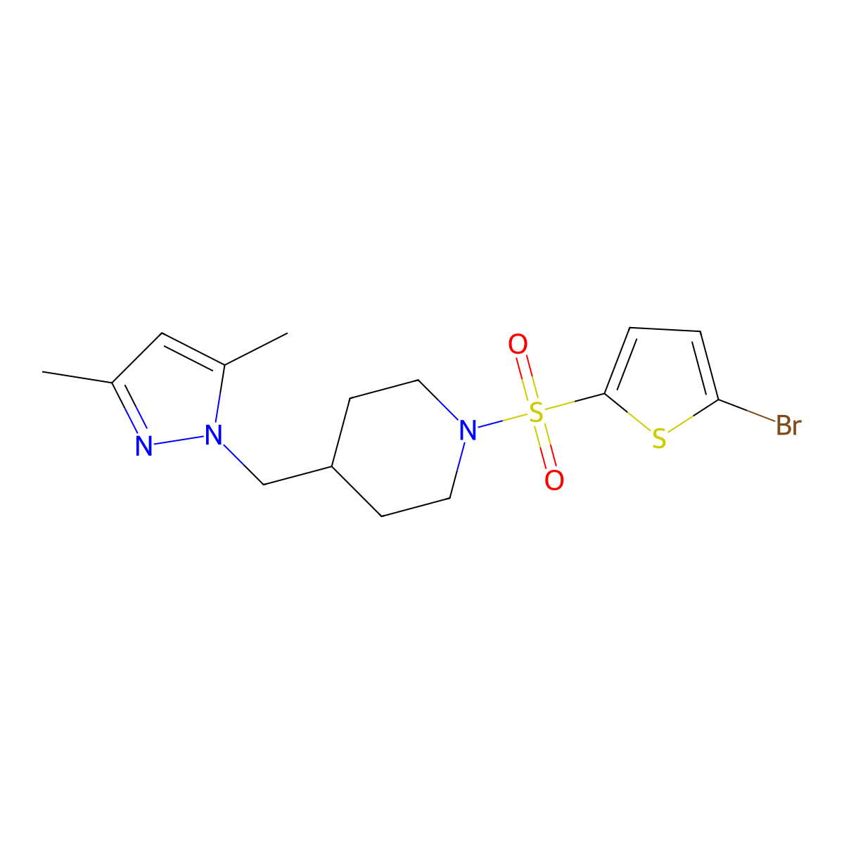 1-((5-bromothiophen-2-yl)sulfonyl)-4-((3,5-dimethyl-1H-pyrazol-1-yl)methyl)piperidine molecular structure, CAS 1396748-46-1