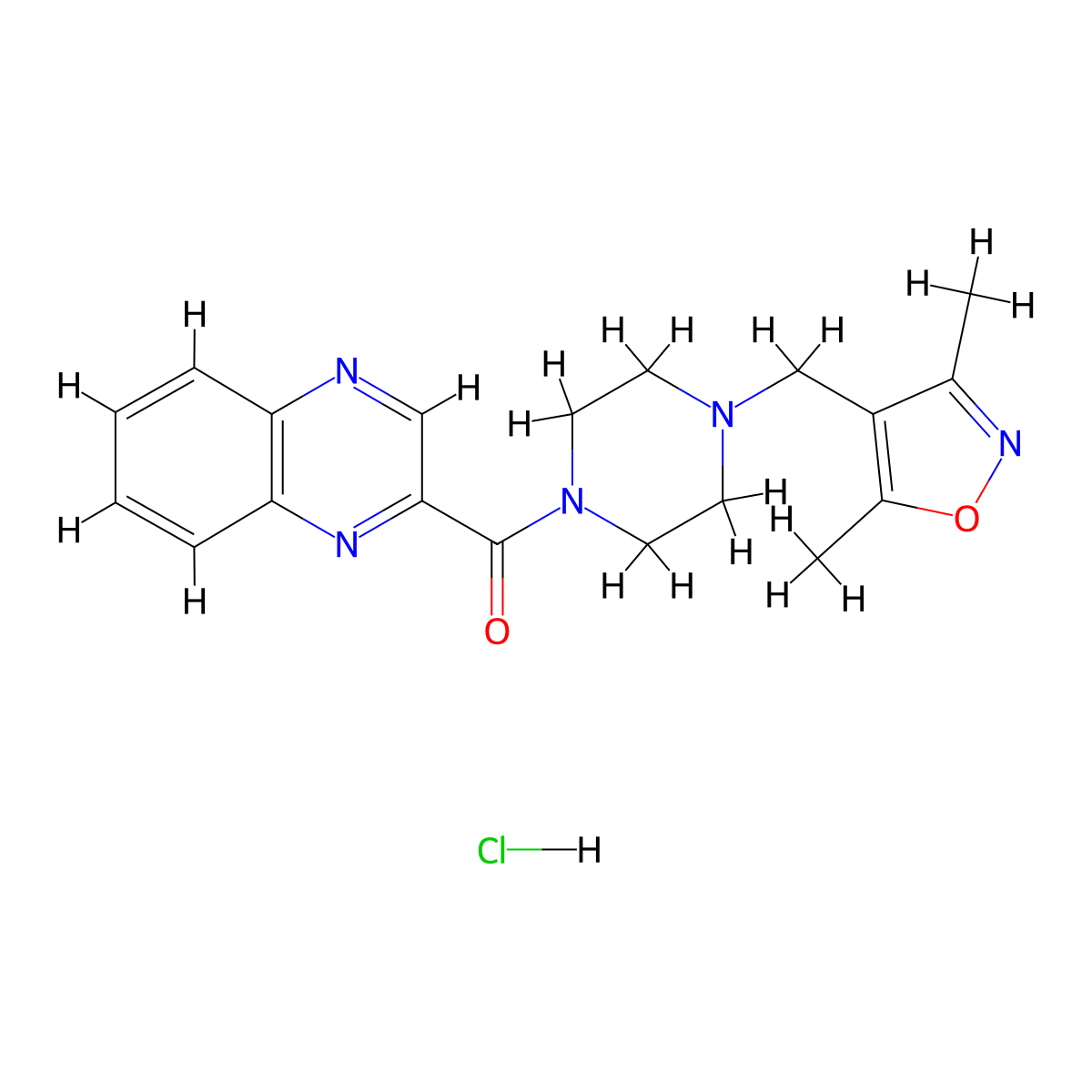 (4-((3,5-Dimethylisoxazol-4-yl)methyl)piperazin-1-yl)(quinoxalin-2-yl)methanone hydrochloride molecular structure, CAS 1396748-47-2