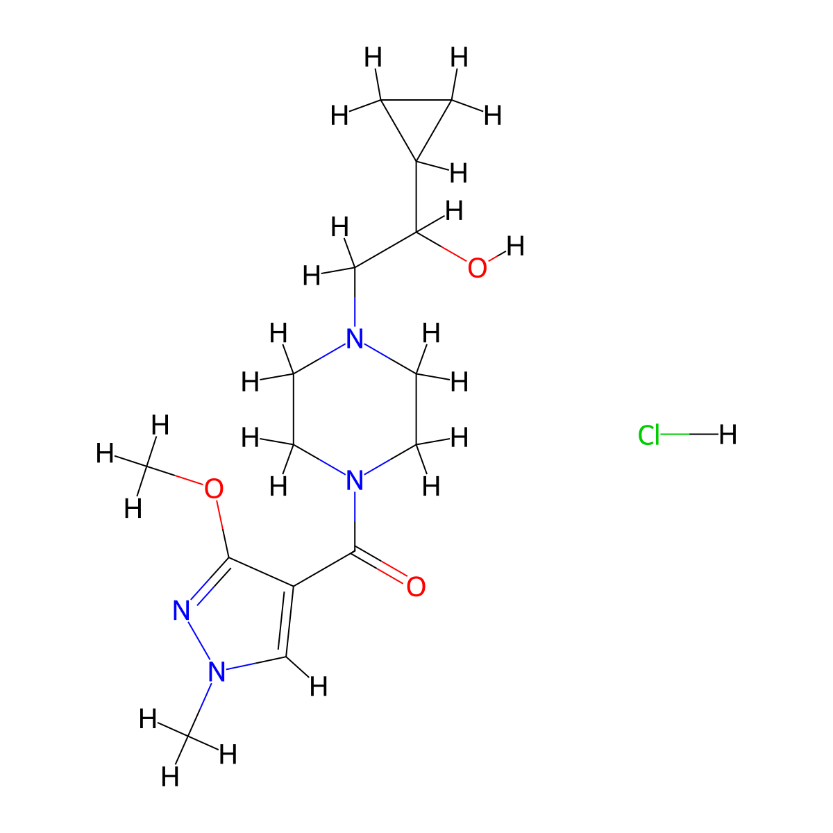 (4-(2-cyclopropyl-2-hydroxyethyl)piperazin-1-yl)(3-methoxy-1-methyl-1H-pyrazol-4-yl)methanone hydrochloride molecular structure, CAS 1396748-65-4