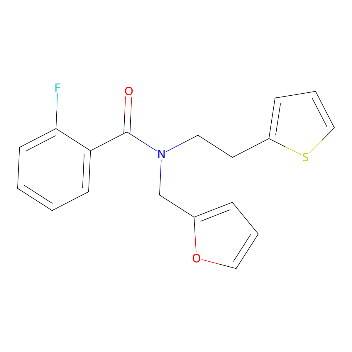 2-fluoro-N-(furan-2-ylmethyl)-N-(2-(thiophen-2-yl)ethyl)benzamide molecular structure, CAS 1396748-85-8