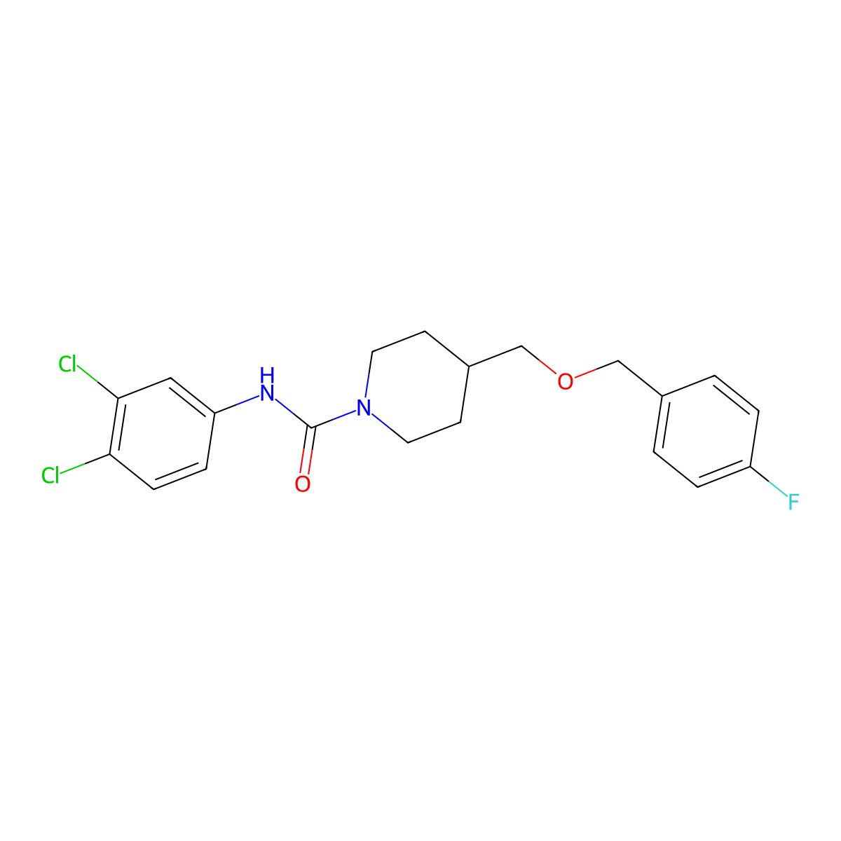 N-(3,4-dichlorophenyl)-4-(((4-fluorobenzyl)oxy)methyl)piperidine-1-carboxamide molecular structure, CAS 1396748-86-9