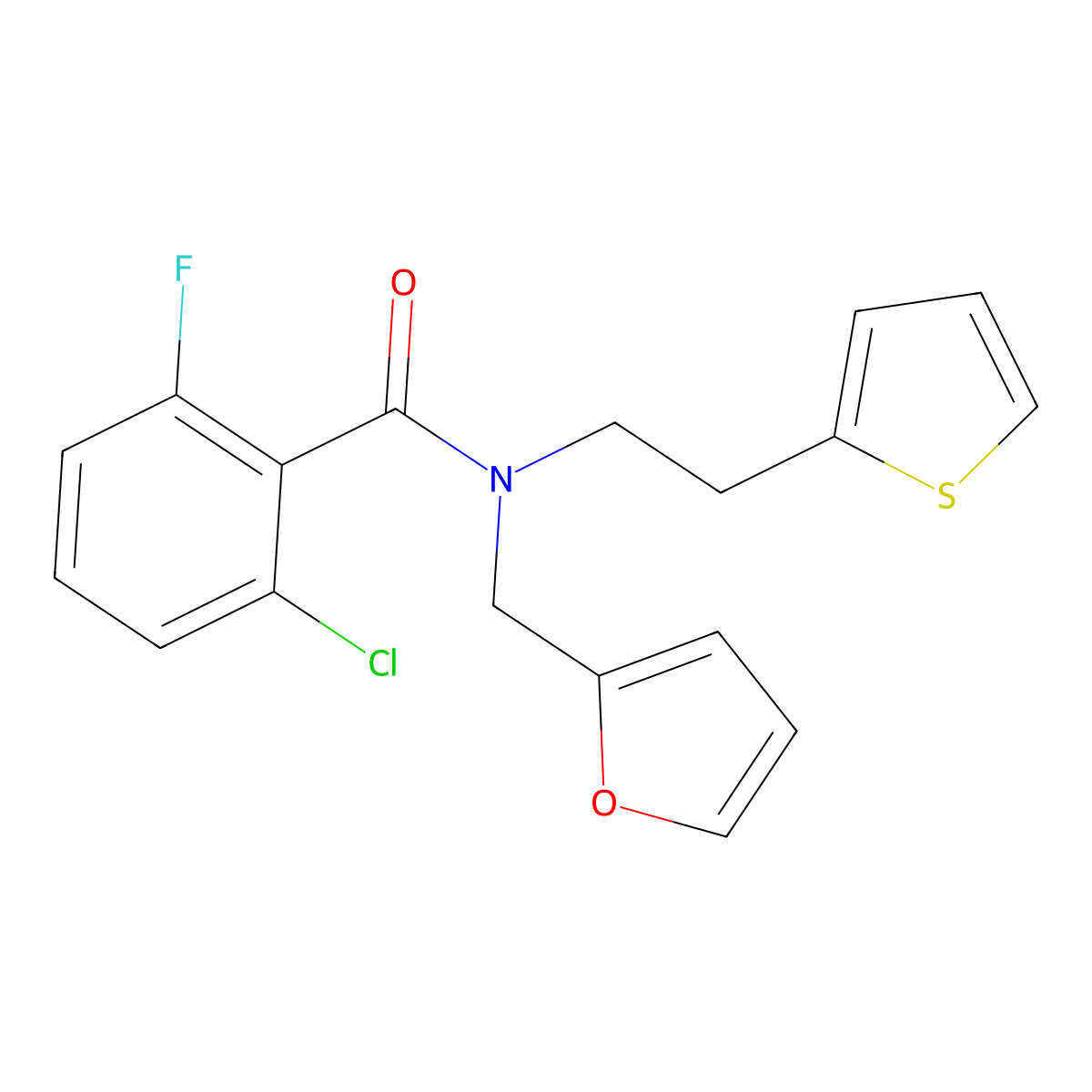 2-chloro-6-fluoro-N-(furan-2-ylmethyl)-N-(2-(thiophen-2-yl)ethyl)benzamide molecular structure, CAS 1396748-91-6