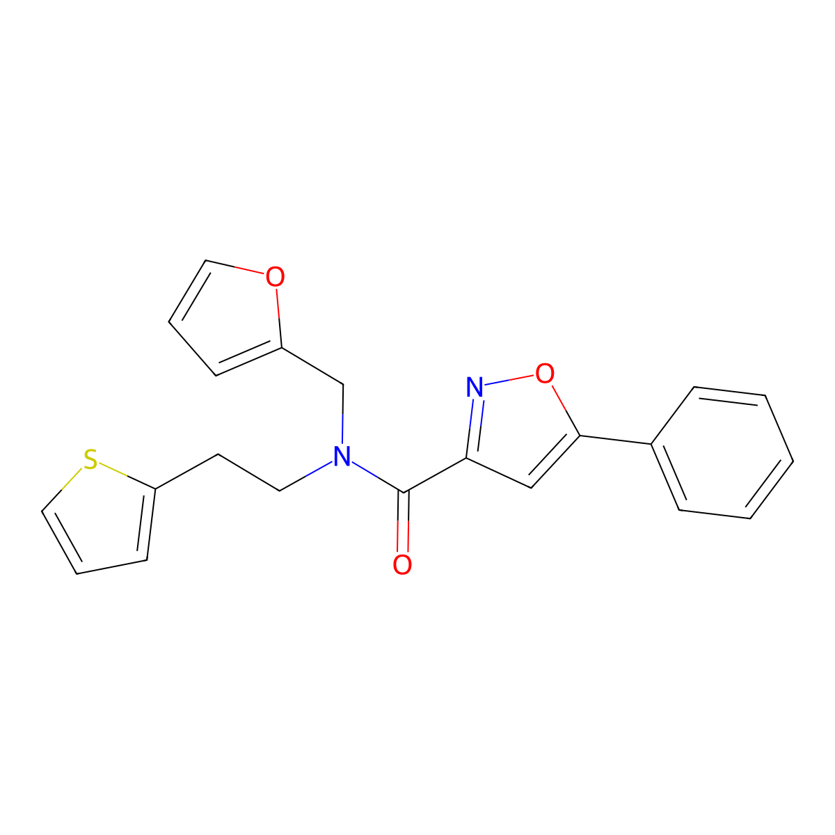 N-(furan-2-ylmethyl)-5-phenyl-N-(2-(thiophen-2-yl)ethyl)isoxazole-3-carboxamide molecular structure, CAS 1396748-98-3
