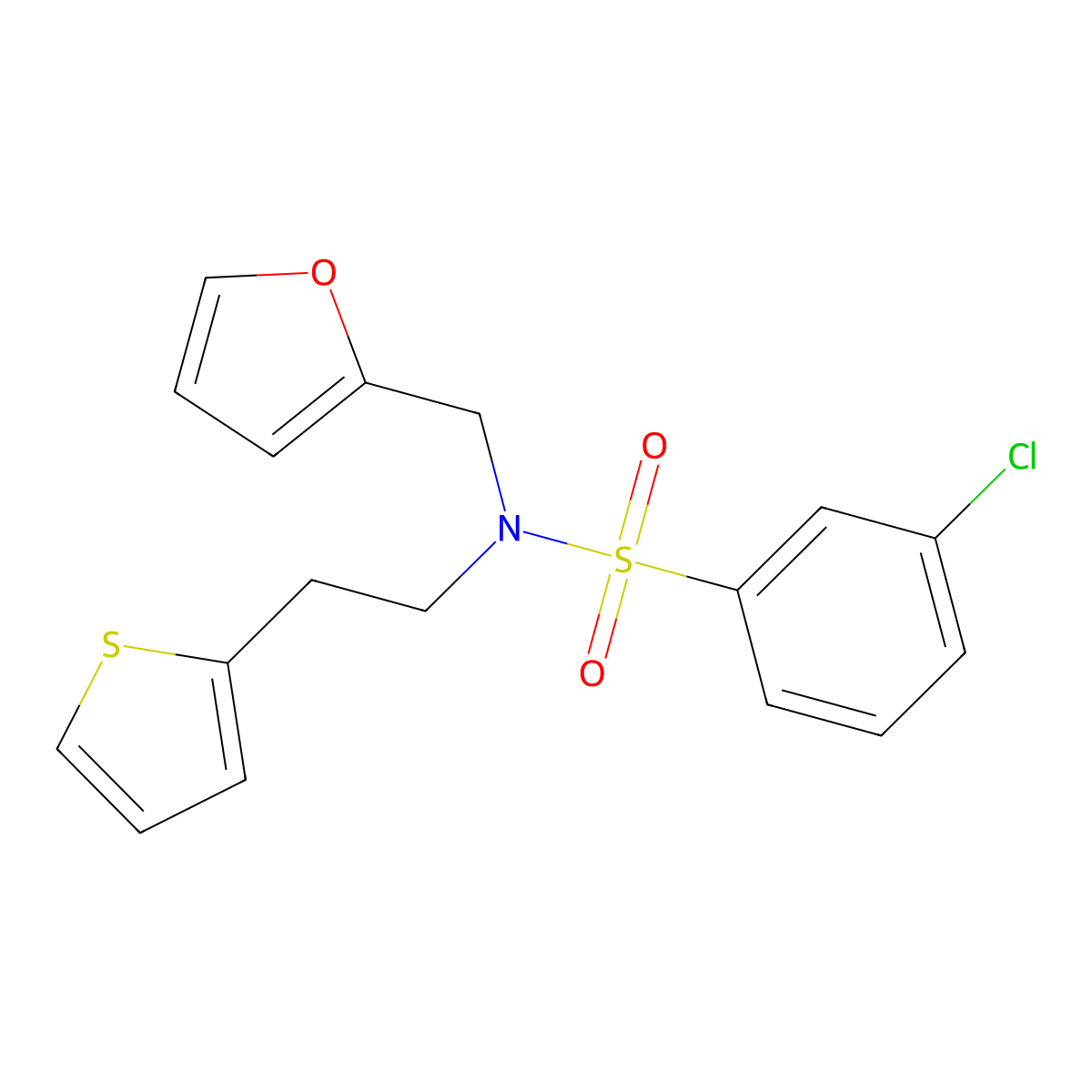 3-chloro-N-(furan-2-ylmethyl)-N-(2-(thiophen-2-yl)ethyl)benzenesulfonamide molecular structure, CAS 1396749-05-5