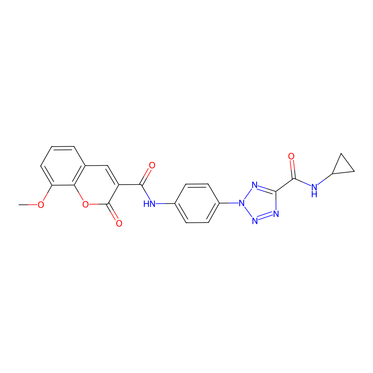 N-cyclopropyl-2-(4-(8-methoxy-2-oxo-2H-chromene-3-carboxamido)phenyl)-2H-tetrazole-5-carboxamide molecular structure, CAS 1396749-06-6