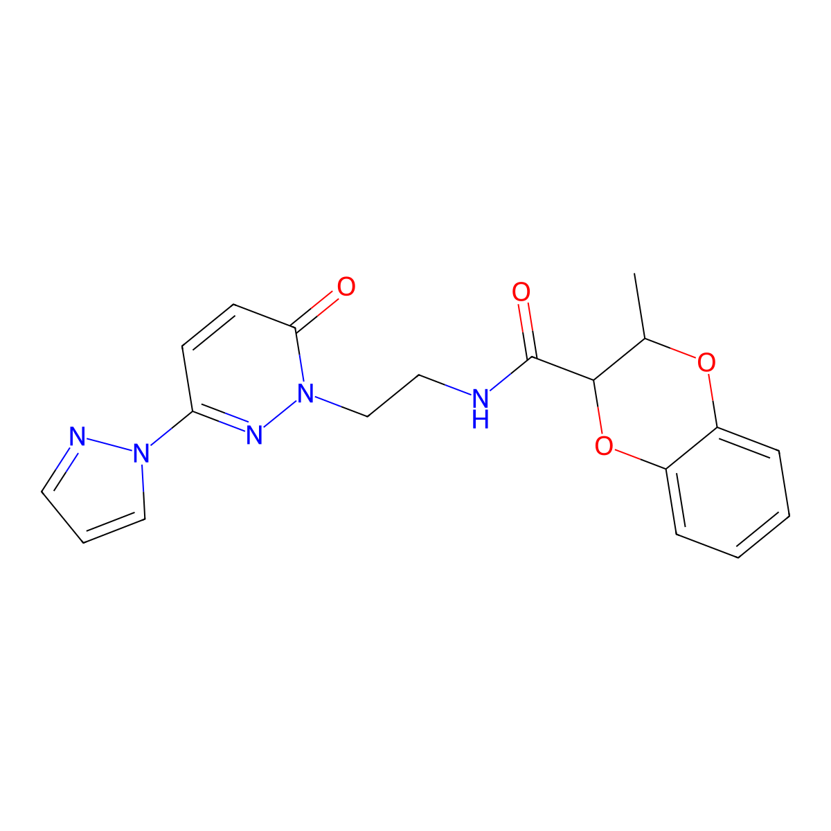 3-methyl-N-(2-(6-oxo-3-(1H-pyrazol-1-yl)pyridazin-1(6H)-yl)ethyl)-2,3-dihydrobenzo[b][1,4]dioxine-2-carboxamide molecular structure, CAS 1396749-10-2