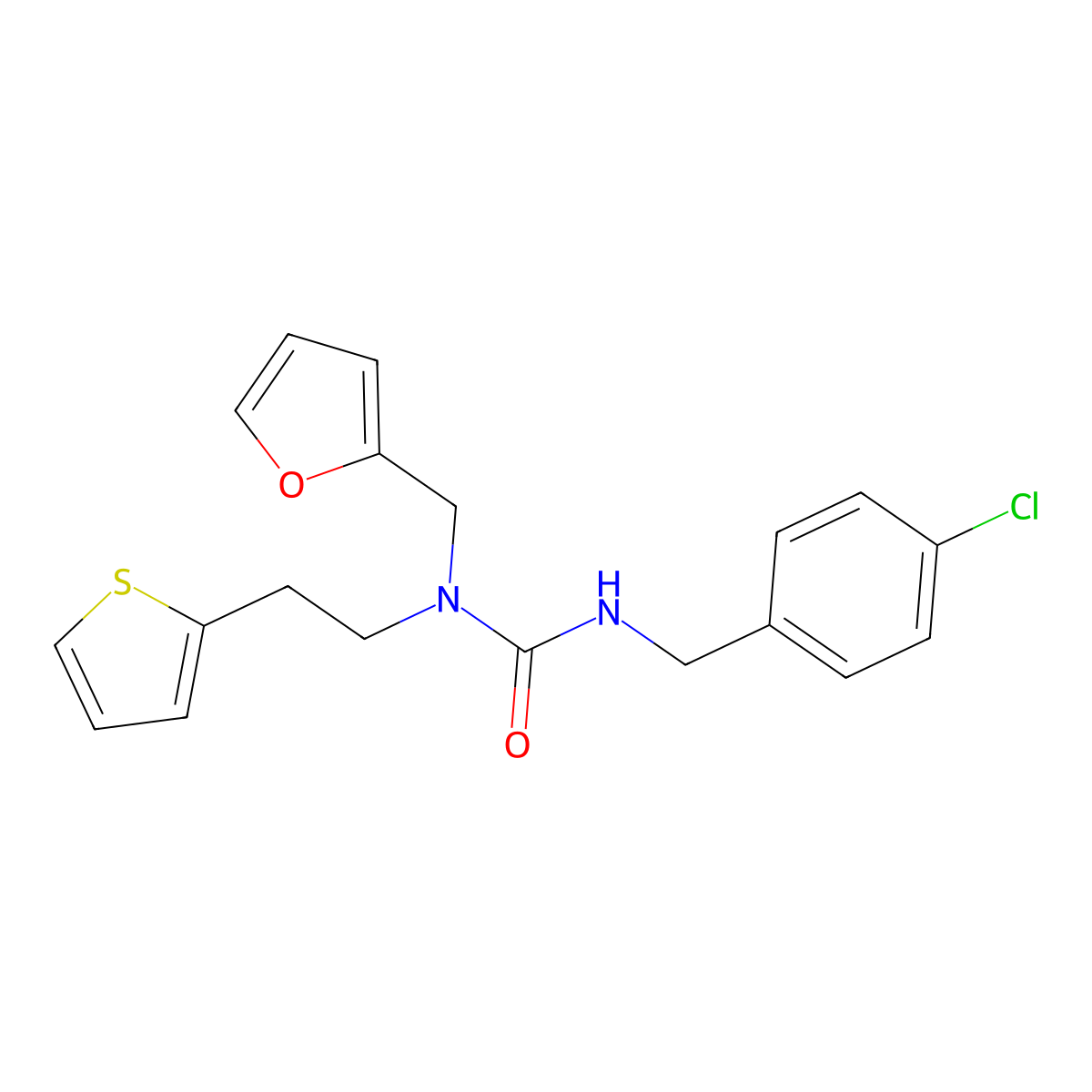 3-(4-Chlorobenzyl)-1-(furan-2-ylmethyl)-1-(2-(thiophen-2-yl)ethyl)urea molecular structure, CAS 1396749-13-5