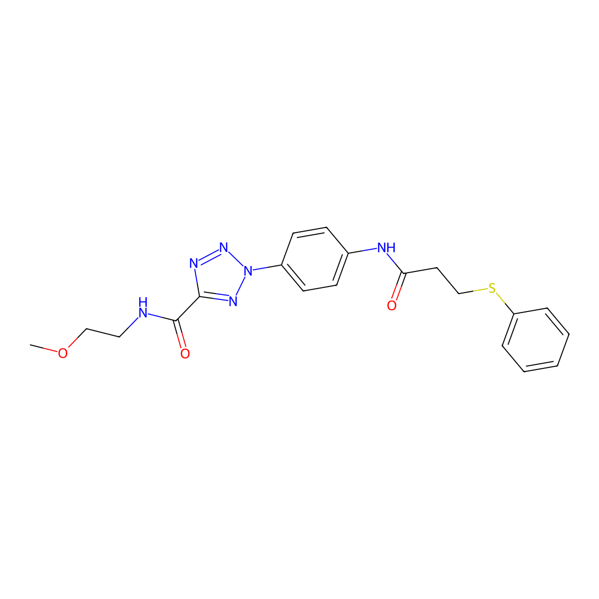 N-(2-methoxyethyl)-2-(4-(3-(phenylthio)propanamido)phenyl)-2H-tetrazole-5-carboxamide molecular structure, CAS 1396749-20-4