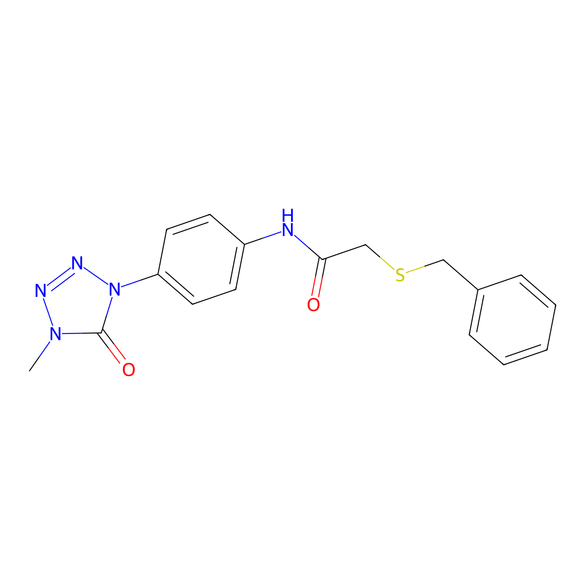 2-(benzylthio)-N-(4-(4-methyl-5-oxo-4,5-dihydro-1H-tetrazol-1-yl)phenyl)acetamide molecular structure, CAS 1396749-34-0