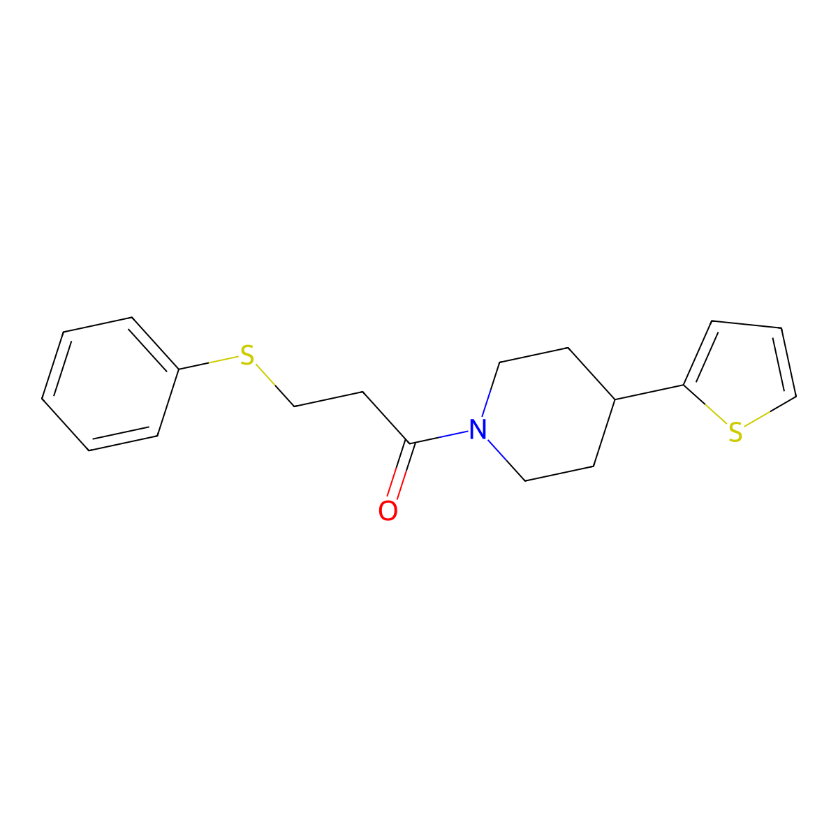 3-(Phenylthio)-1-(4-(thiophen-2-yl)piperidin-1-yl)propan-1-one molecular structure, CAS 1396749-38-4