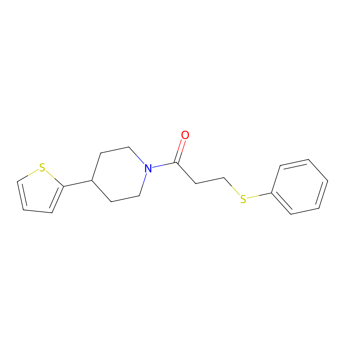 3-(Phenylthio)-1-(4-(thiophen-2-yl)piperidin-1-yl)propan-1-one molecular structure, CAS 1396749-38-4
