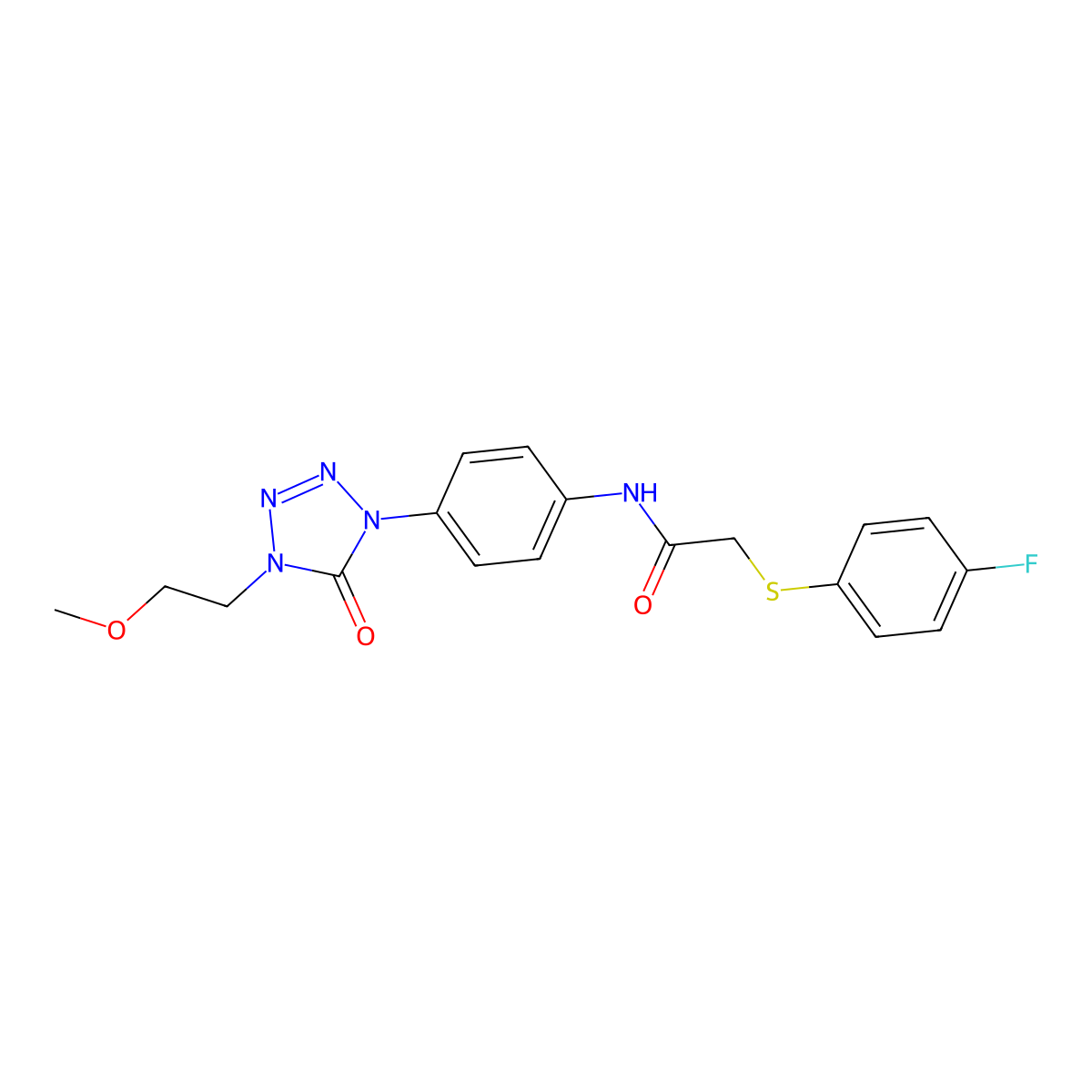 2-((4-fluorophenyl)thio)-N-(4-(4-(2-methoxyethyl)-5-oxo-4,5-dihydro-1H-tetrazol-1-yl)phenyl)acetamide molecular structure, CAS 1396749-55-5