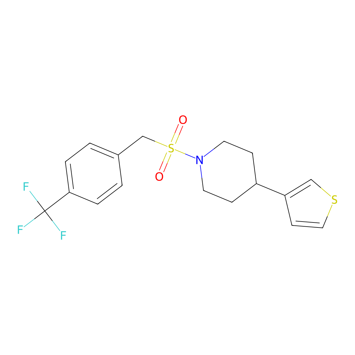 4-(Thiophen-3-yl)-1-((4-(trifluoromethyl)benzyl)sulfonyl)piperidine molecular structure, CAS 1396749-73-7