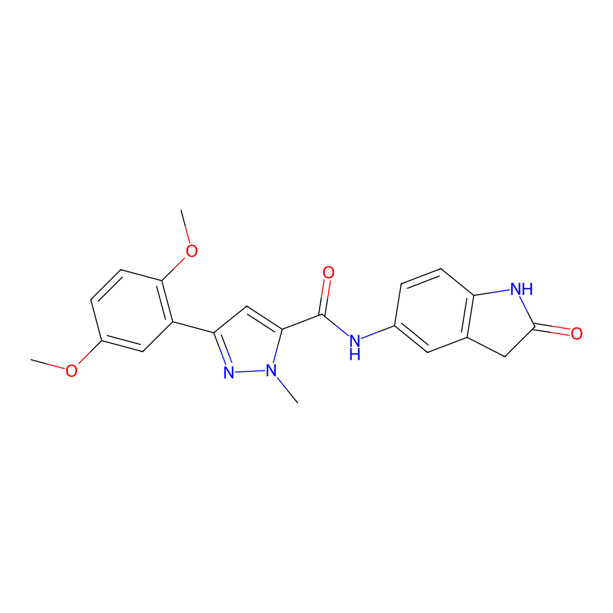 3-(2,5-dimethoxyphenyl)-1-methyl-N-(2-oxoindolin-5-yl)-1H-pyrazole-5-carboxamide molecular structure, CAS 1396750-02-9