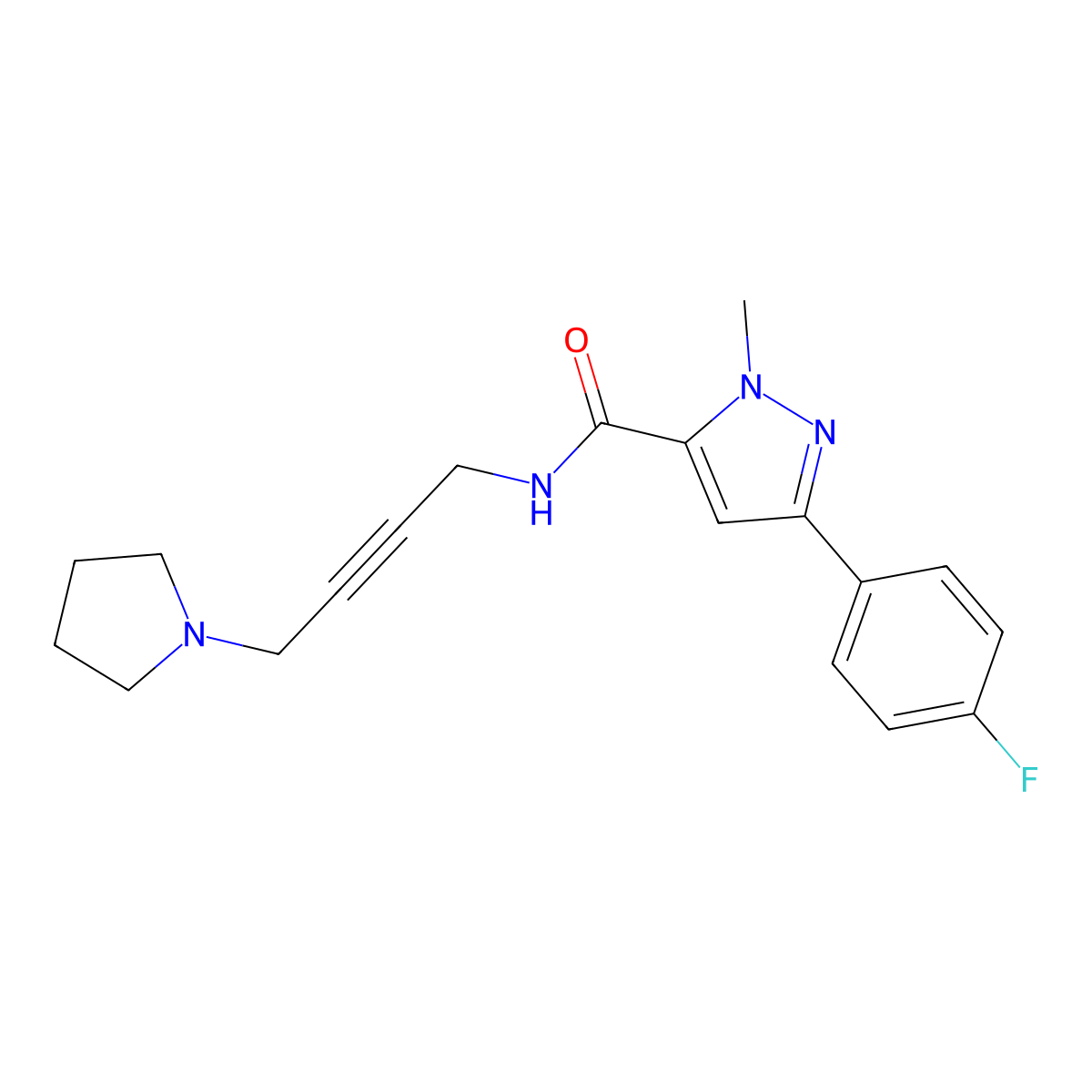 3-(4-fluorophenyl)-1-methyl-N-[4-(pyrrolidin-1-yl)but-2-yn-1-yl]-1H-pyrazole-5-carboxamide molecular structure, CAS 1396750-05-2