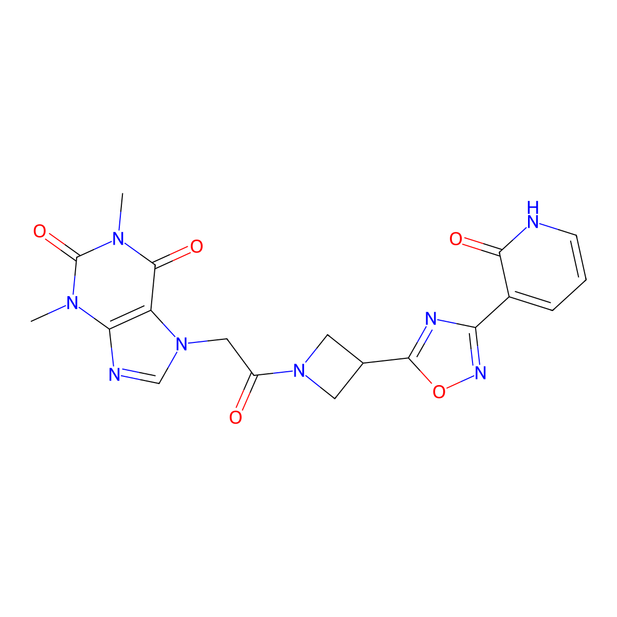 1,3-dimethyl-7-(2-oxo-2-(3-(3-(2-oxo-1,2-dihydropyridin-3-yl)-1,2,4-oxadiazol-5-yl)azetidin-1-yl)ethyl)-1H-purine-2,6(3H,7H)-dione molecular structure, CAS 1396750-21-2
