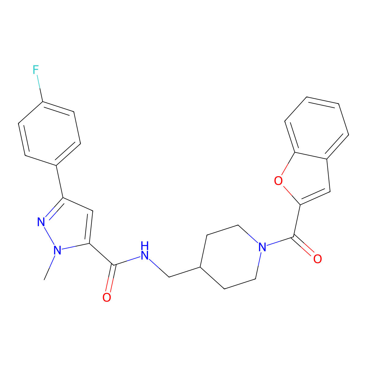 N-((1-(benzofuran-2-carbonyl)piperidin-4-yl)methyl)-3-(4-fluorophenyl)-1-methyl-1H-pyrazole-5-carboxamide molecular structure, CAS 1396750-41-6