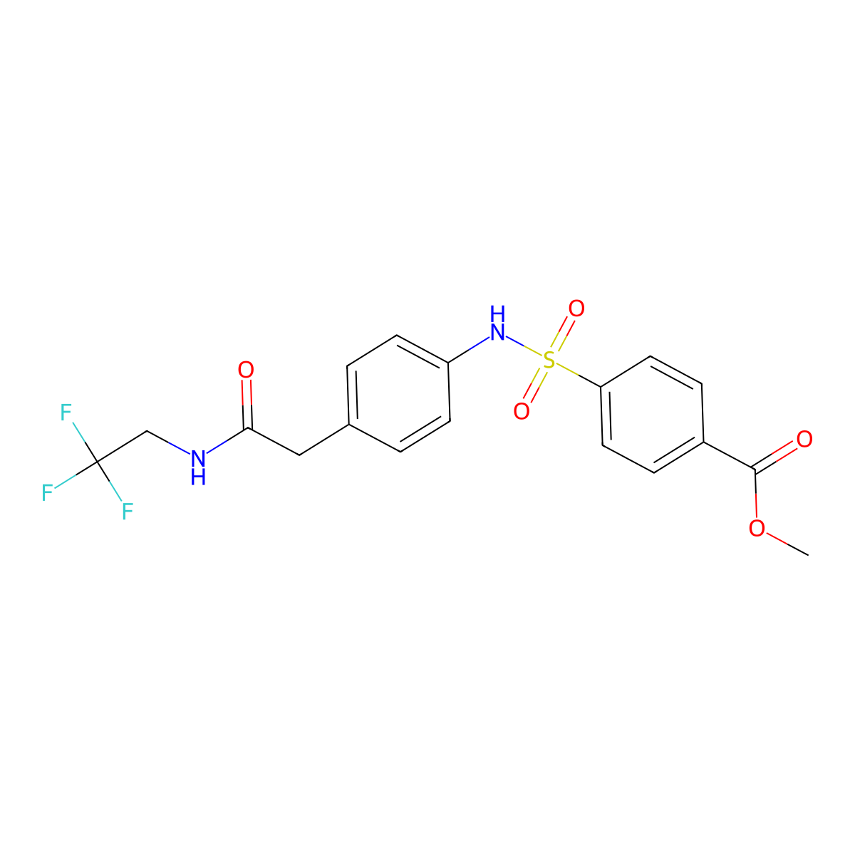 methyl 4-(N-(4-(2-oxo-2-((2,2,2-trifluoroethyl)amino)ethyl)phenyl)sulfamoyl)benzoate molecular structure, CAS 1396750-46-1