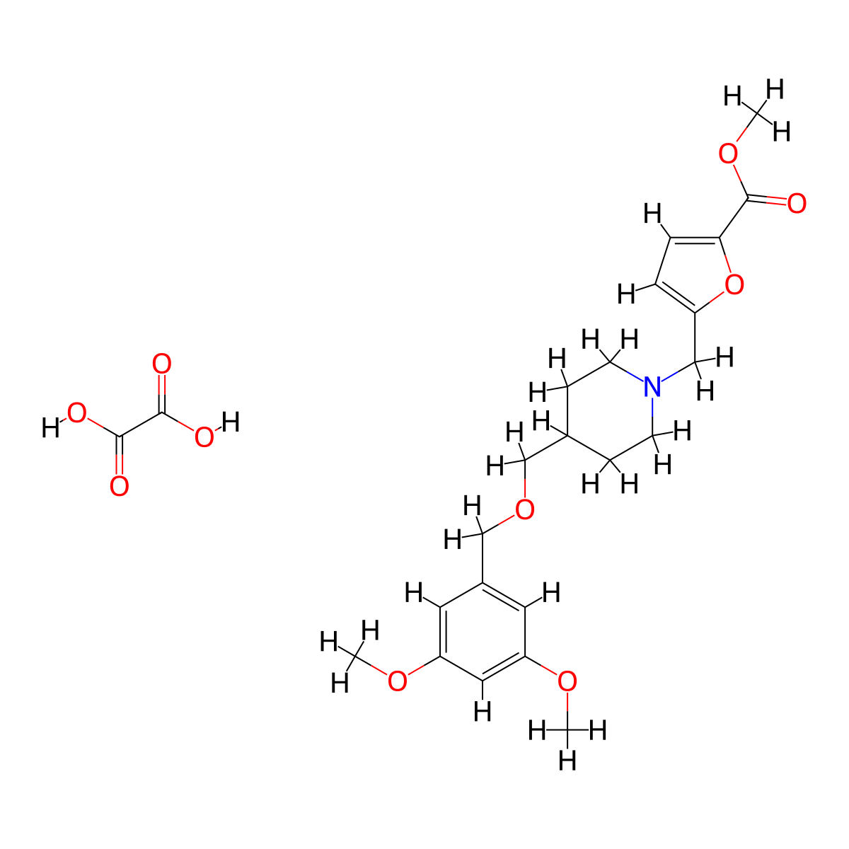 Methyl 5-((4-(((3,5-dimethoxybenzyl)oxy)methyl)piperidin-1-yl)methyl)furan-2-carboxylate oxalate molecular structure, CAS 1396750-58-5