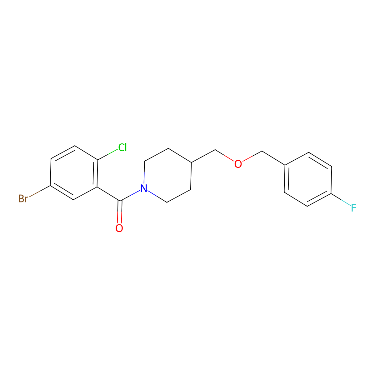 (5-Bromo-2-chlorophenyl)(4-(((4-fluorobenzyl)oxy)methyl)piperidin-1-yl)methanone molecular structure, CAS 1396750-60-9