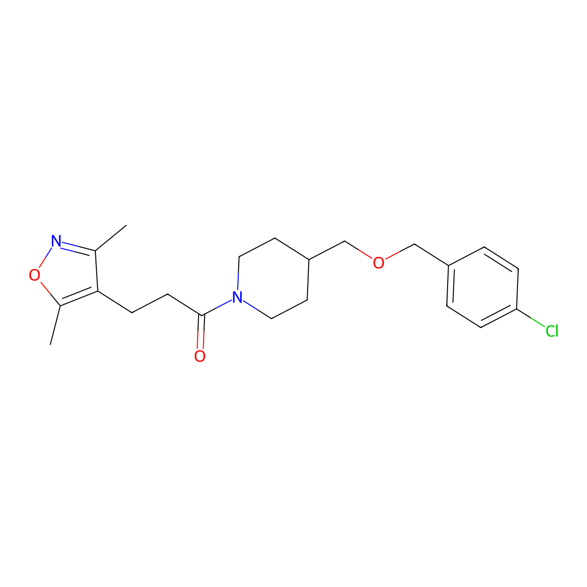 1-(4-(((4-Chlorobenzyl)oxy)methyl)piperidin-1-yl)-3-(3,5-dimethylisoxazol-4-yl)propan-1-one molecular structure, CAS 1396750-64-3