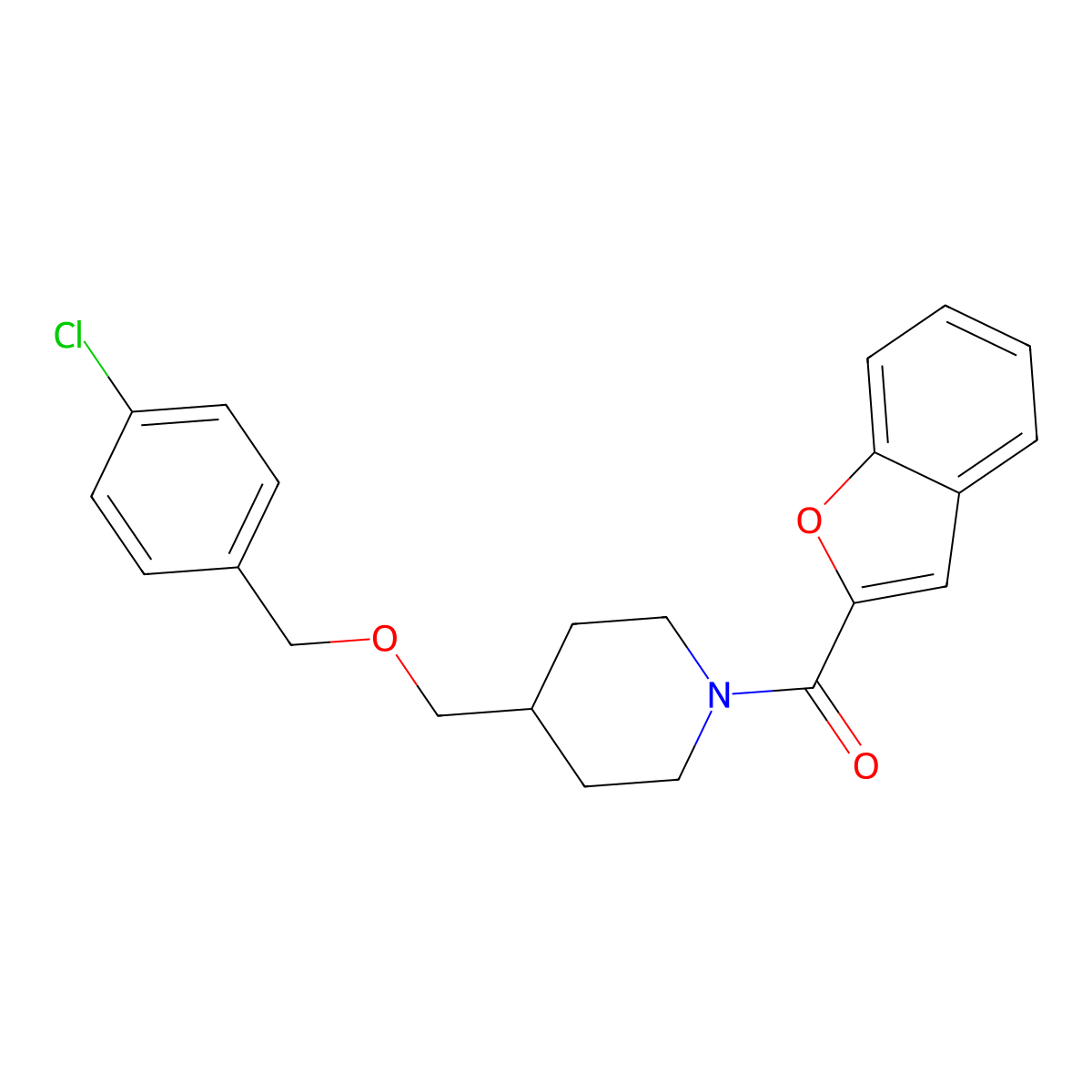 Benzofuran-2-yl(4-(((4-chlorobenzyl)oxy)methyl)piperidin-1-yl)methanone molecular structure, CAS 1396750-66-5