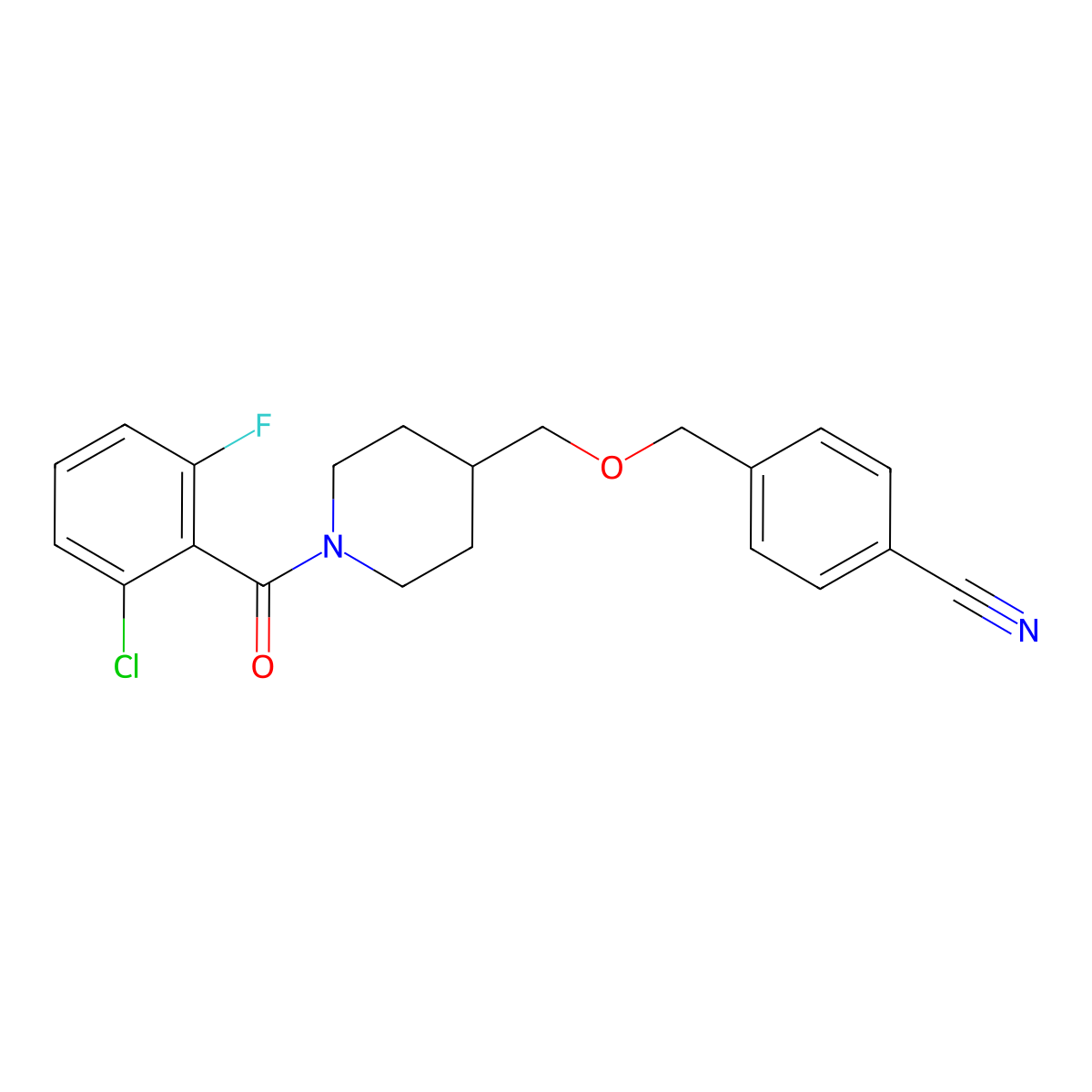 4-(((1-(2-Chloro-6-fluorobenzoyl)piperidin-4-yl)methoxy)methyl)benzonitrile molecular structure, CAS 1396750-72-3