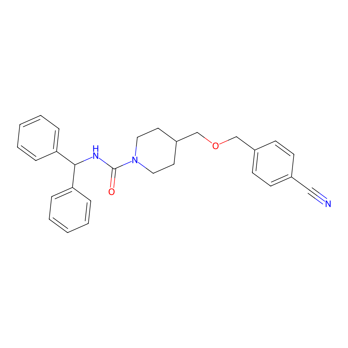 N-benzhydryl-4-(((4-cyanobenzyl)oxy)methyl)piperidine-1-carboxamide molecular structure, CAS 1396750-79-0