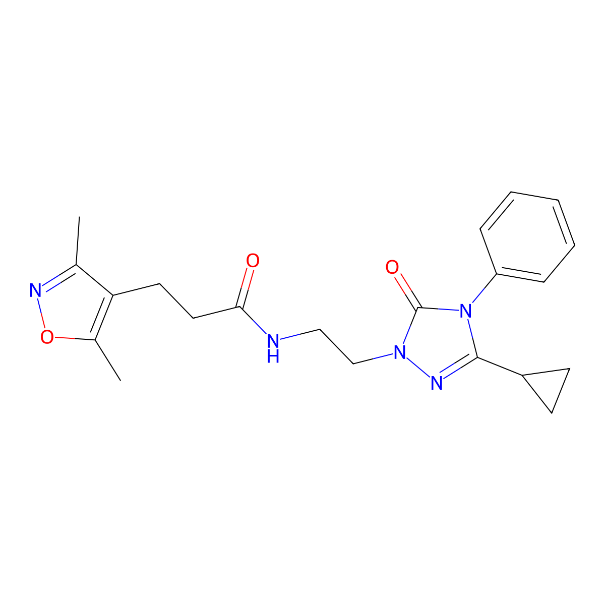N-(2-(3-cyclopropyl-5-oxo-4-phenyl-4,5-dihydro-1H-1,2,4-triazol-1-yl)ethyl)-3-(3,5-dimethylisoxazol-4-yl)propanamide molecular structure, CAS 1396750-93-8