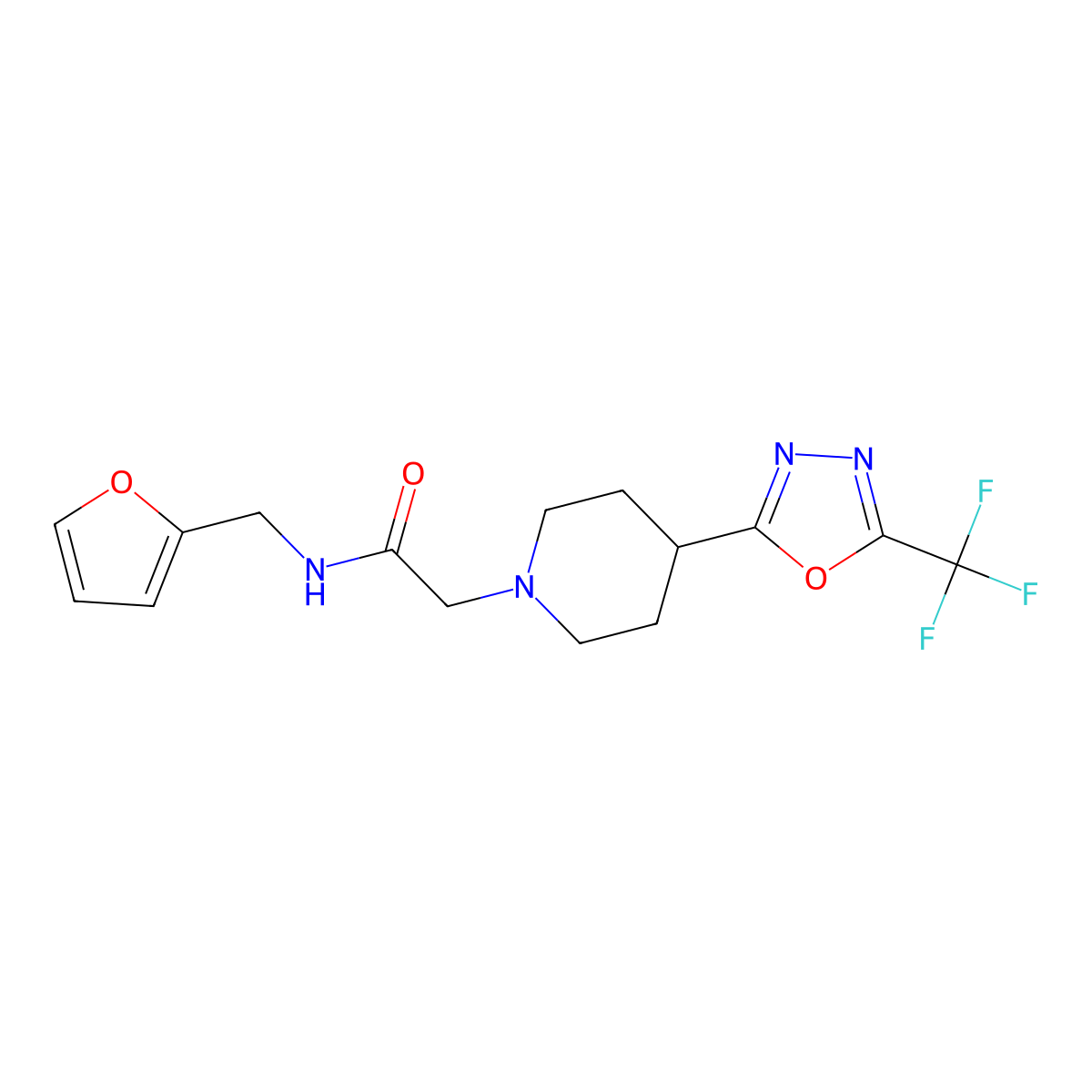 N-(furan-2-ylmethyl)-2-(4-(5-(trifluoromethyl)-1,3,4-oxadiazol-2-yl)piperidin-1-yl)acetamide molecular structure, CAS 1396751-29-3