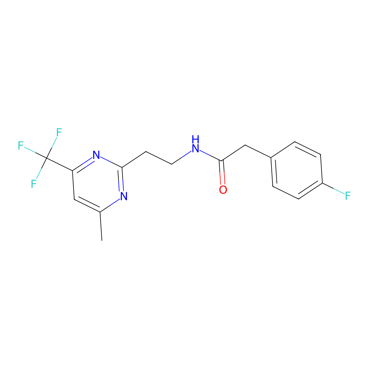 2-(4-fluorophenyl)-N-{2-[4-methyl-6-(trifluoromethyl)pyrimidin-2-yl]ethyl}acetamide molecular structure, CAS 1396751-43-1