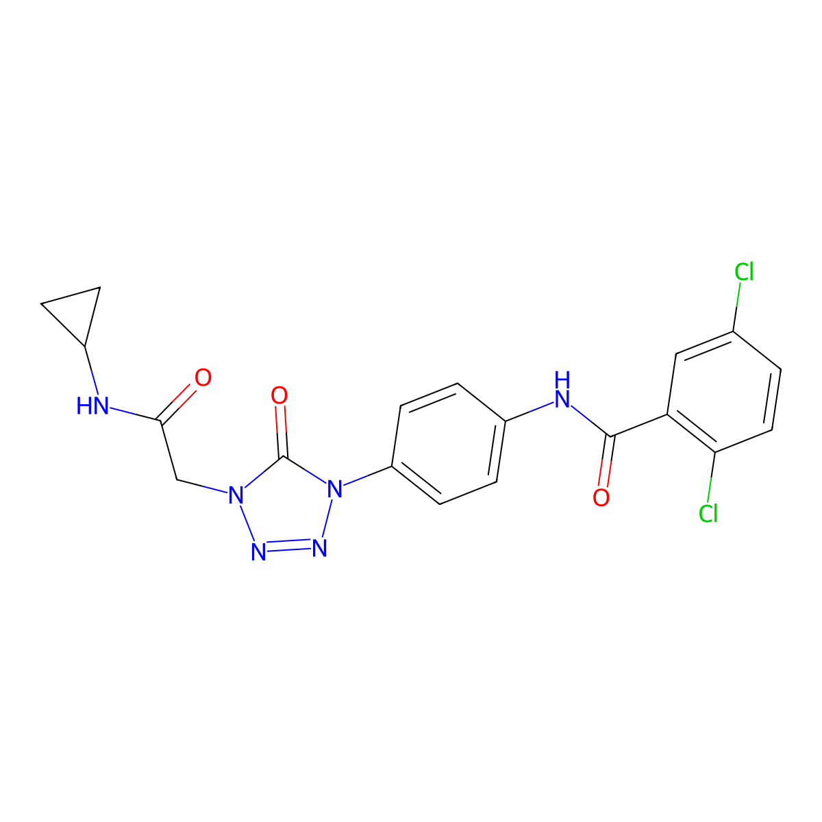 2,5-dichloro-N-(4-(4-(2-(cyclopropylamino)-2-oxoethyl)-5-oxo-4,5-dihydro-1H-tetrazol-1-yl)phenyl)benzamide molecular structure, CAS 1396751-46-4