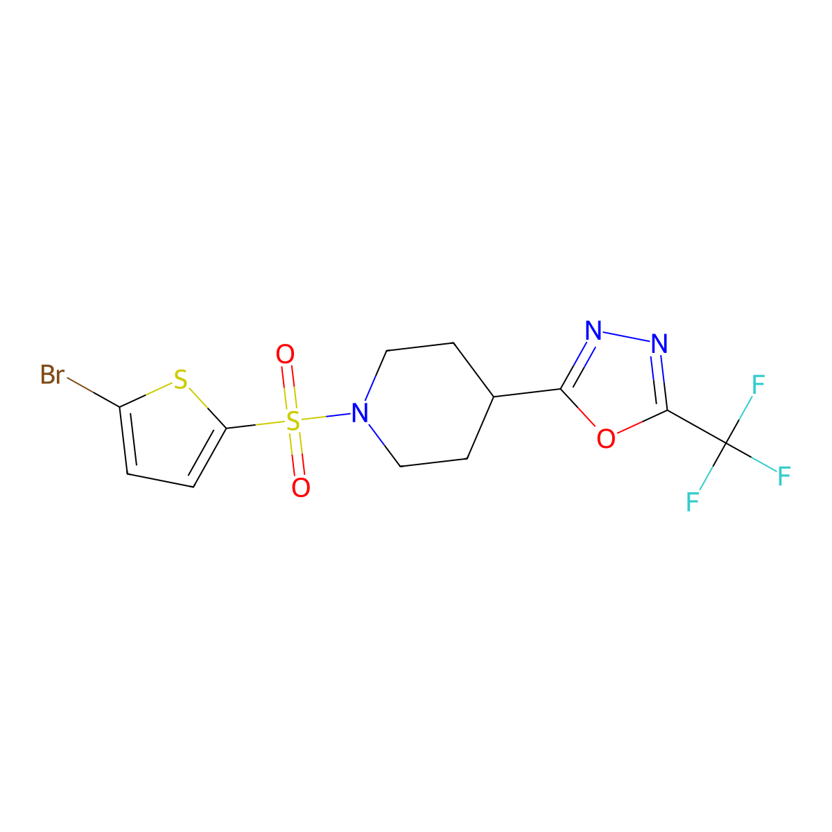 2-(1-((5-Bromothiophen-2-yl)sulfonyl)piperidin-4-yl)-5-(trifluoromethyl)-1,3,4-oxadiazole molecular structure, CAS 1396751-63-5