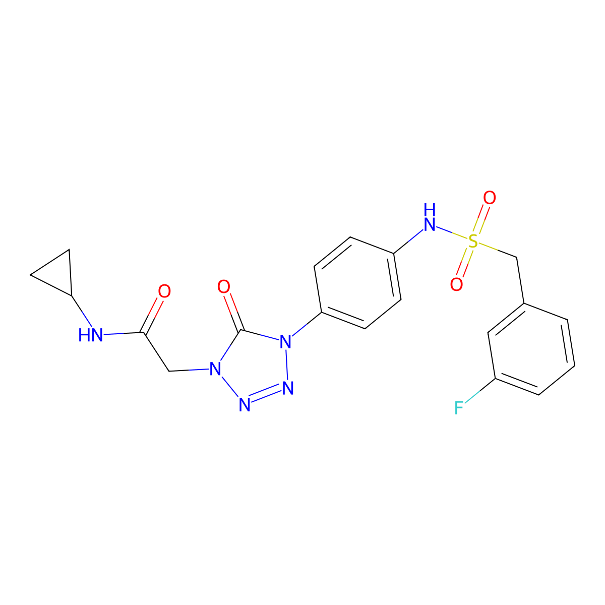 N-cyclopropyl-2-(4-(4-((3-fluorophenyl)methylsulfonamido)phenyl)-5-oxo-4,5-dihydro-1H-tetrazol-1-yl)acetamide molecular structure, CAS 1396751-70-4