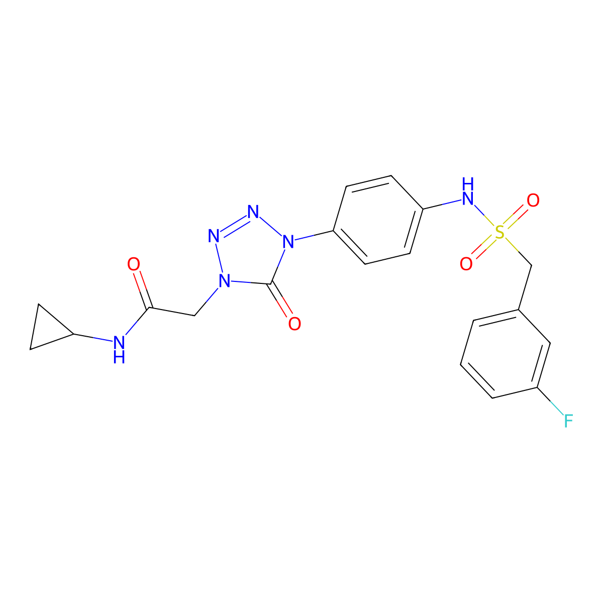 N-cyclopropyl-2-(4-(4-((3-fluorophenyl)methylsulfonamido)phenyl)-5-oxo-4,5-dihydro-1H-tetrazol-1-yl)acetamide molecular structure, CAS 1396751-70-4