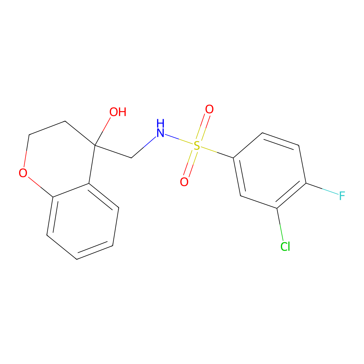 3-chloro-4-fluoro-N-((4-hydroxychroman-4-yl)methyl)benzenesulfonamide molecular structure, CAS 1396751-73-7