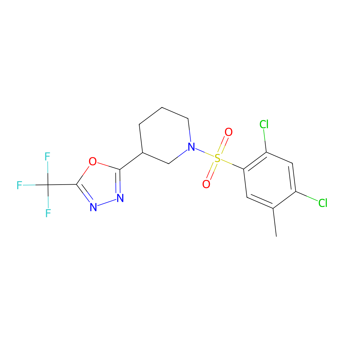 2-(1-((2,4-Dichloro-5-methylphenyl)sulfonyl)piperidin-3-yl)-5-(trifluoromethyl)-1,3,4-oxadiazole molecular structure, CAS 1396751-78-2