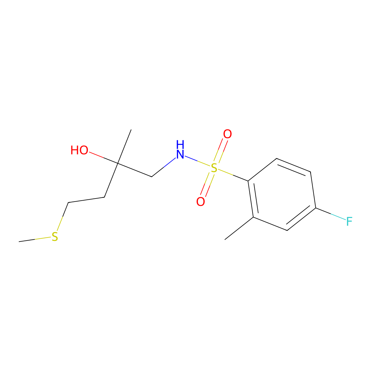 4-fluoro-N-(2-hydroxy-2-methyl-4-(methylthio)butyl)-2-methylbenzenesulfonamide molecular structure, CAS 1396751-81-7