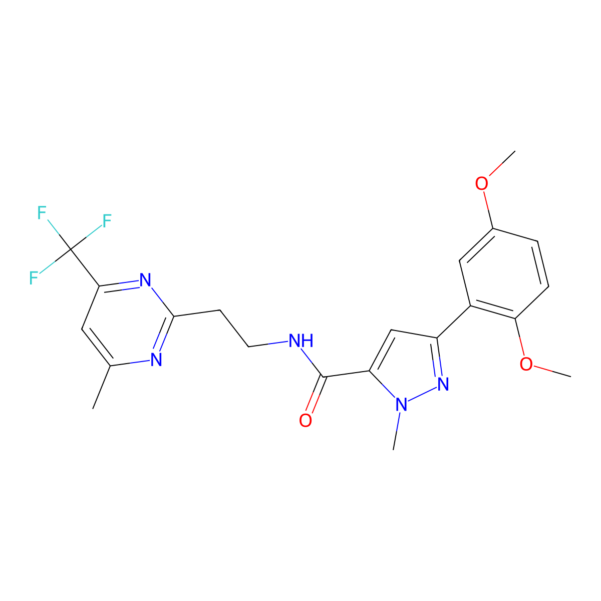 3-(2,5-dimethoxyphenyl)-1-methyl-N-{2-[4-methyl-6-(trifluoromethyl)pyrimidin-2-yl]ethyl}-1H-pyrazole-5-carboxamide molecular structure, CAS 1396751-92-0