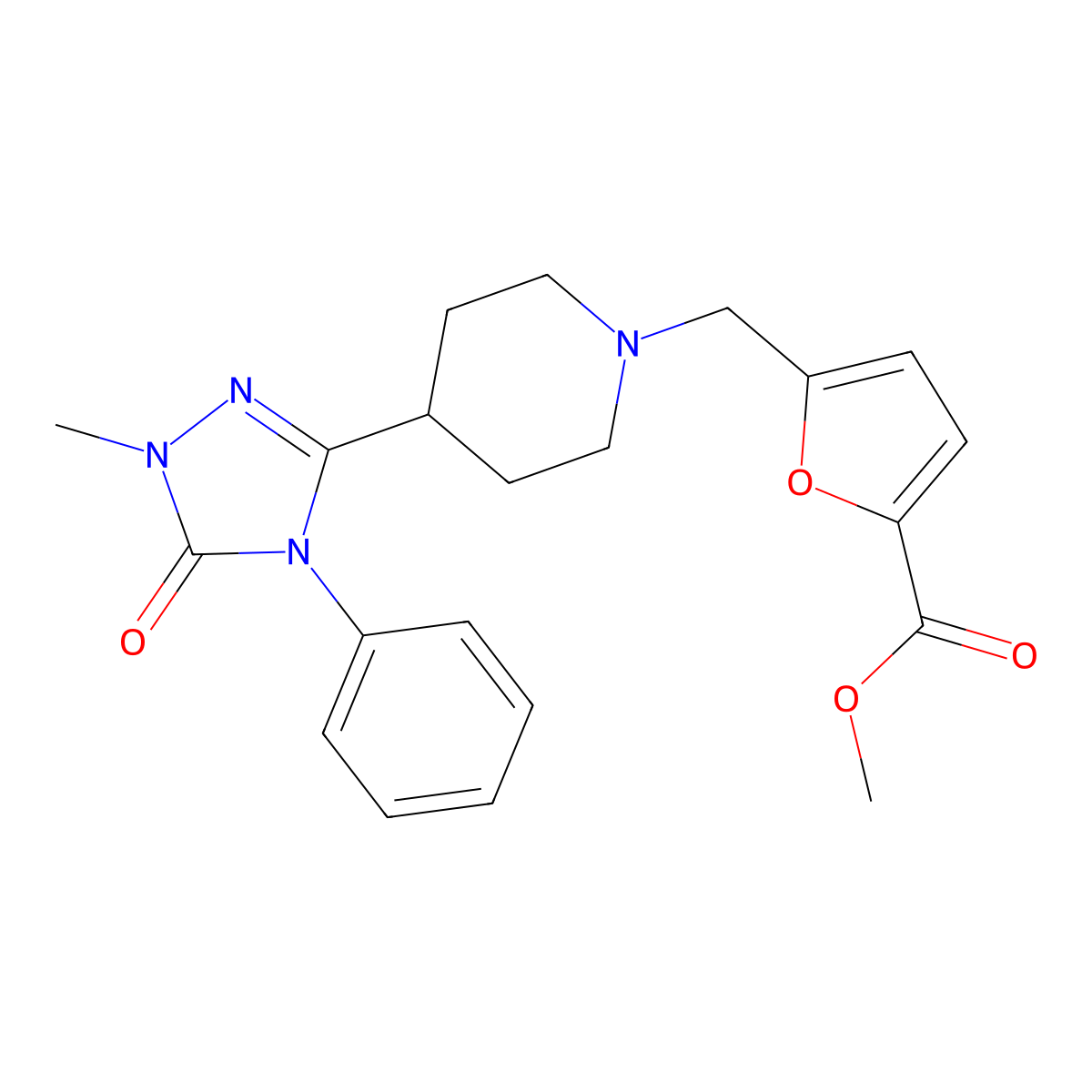 methyl 5-{[4-(1-methyl-5-oxo-4-phenyl-4,5-dihydro-1H-1,2,4-triazol-3-yl)piperidin-1-yl]methyl}furan-2-carboxylate molecular structure, CAS 1396752-06-9