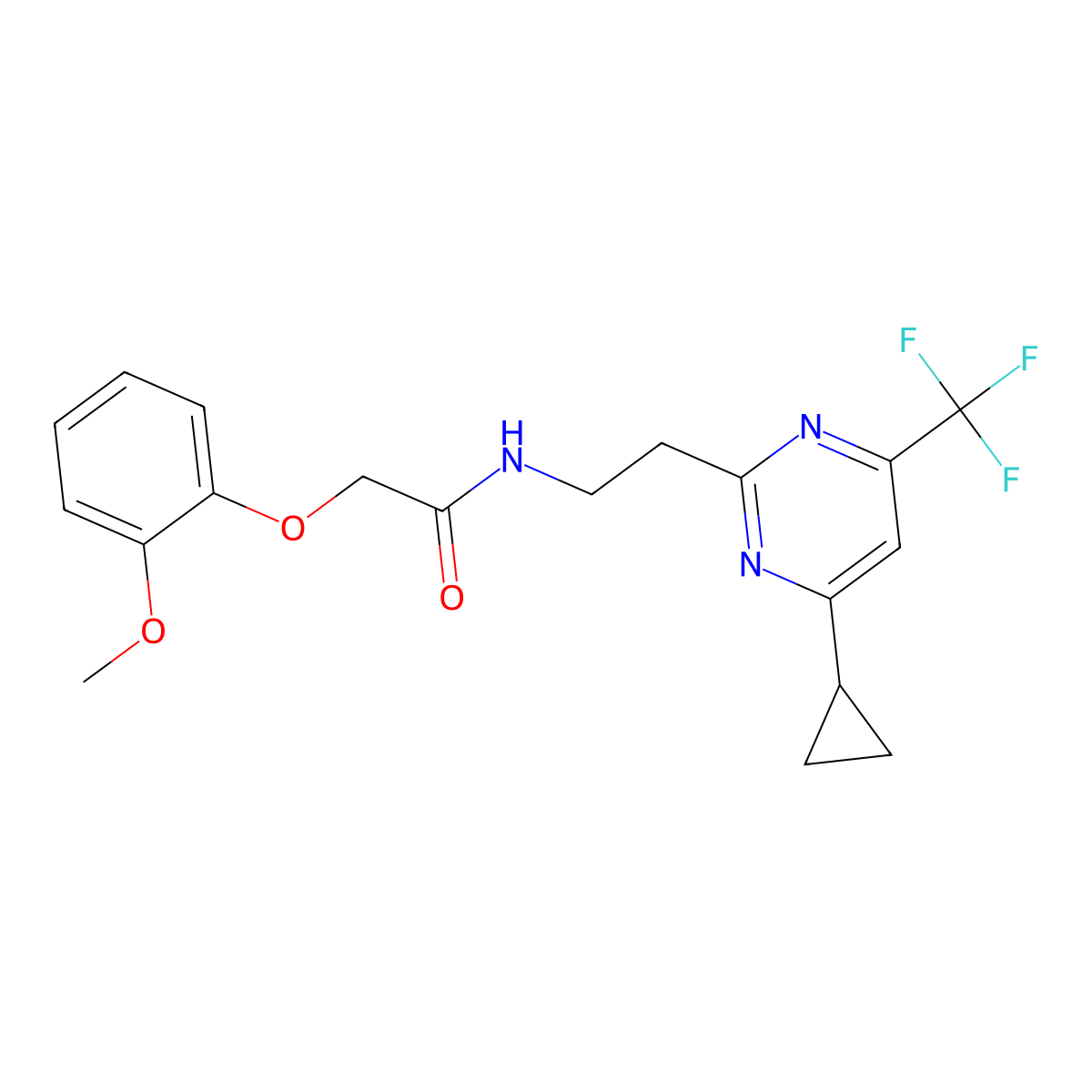 N-(2-(4-cyclopropyl-6-(trifluoromethyl)pyrimidin-2-yl)ethyl)-2-(2-methoxyphenoxy)acetamide molecular structure, CAS 1396757-19-9
