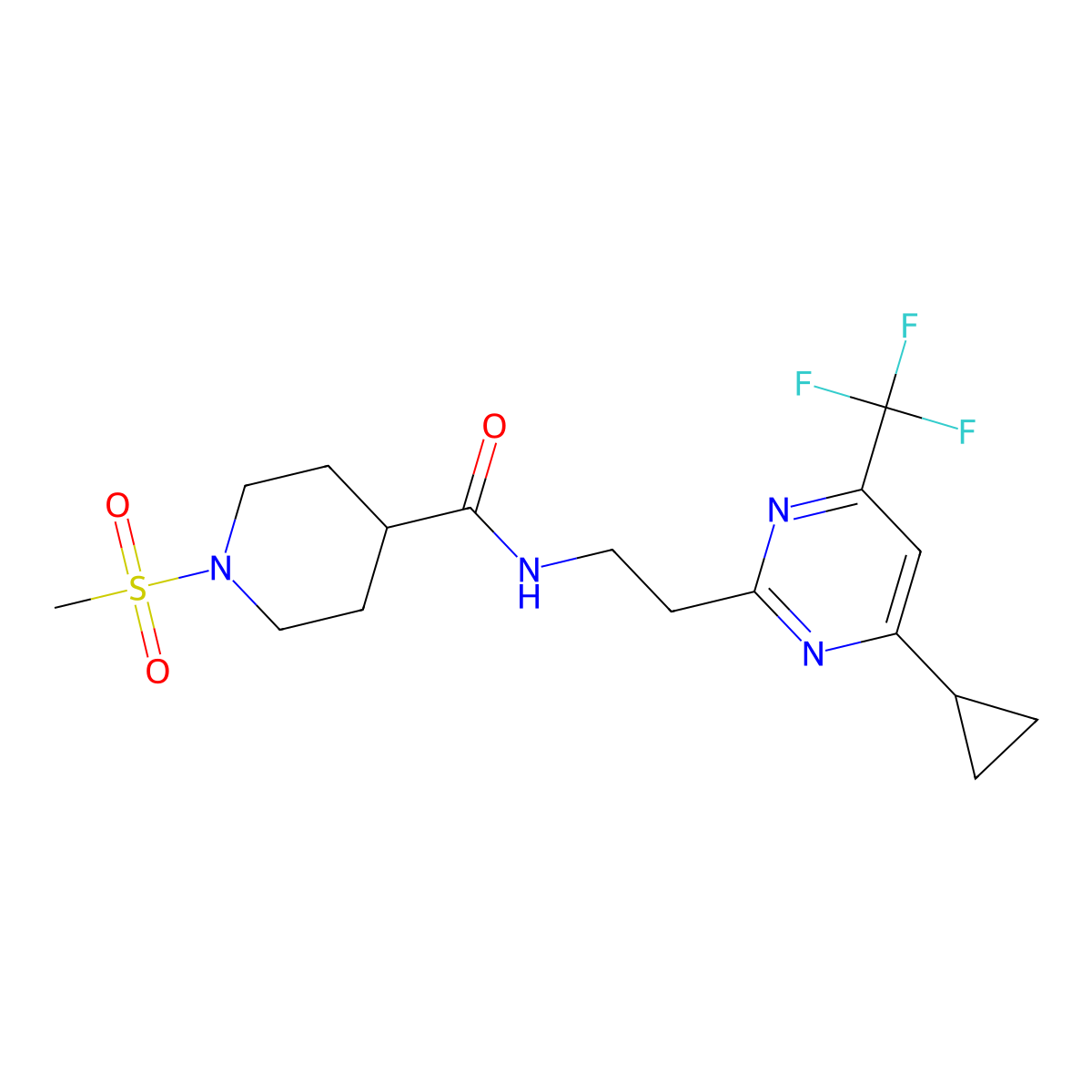 N-(2-(4-cyclopropyl-6-(trifluoromethyl)pyrimidin-2-yl)ethyl)-1-(methylsulfonyl)piperidine-4-carboxamide molecular structure, CAS 1396757-27-9