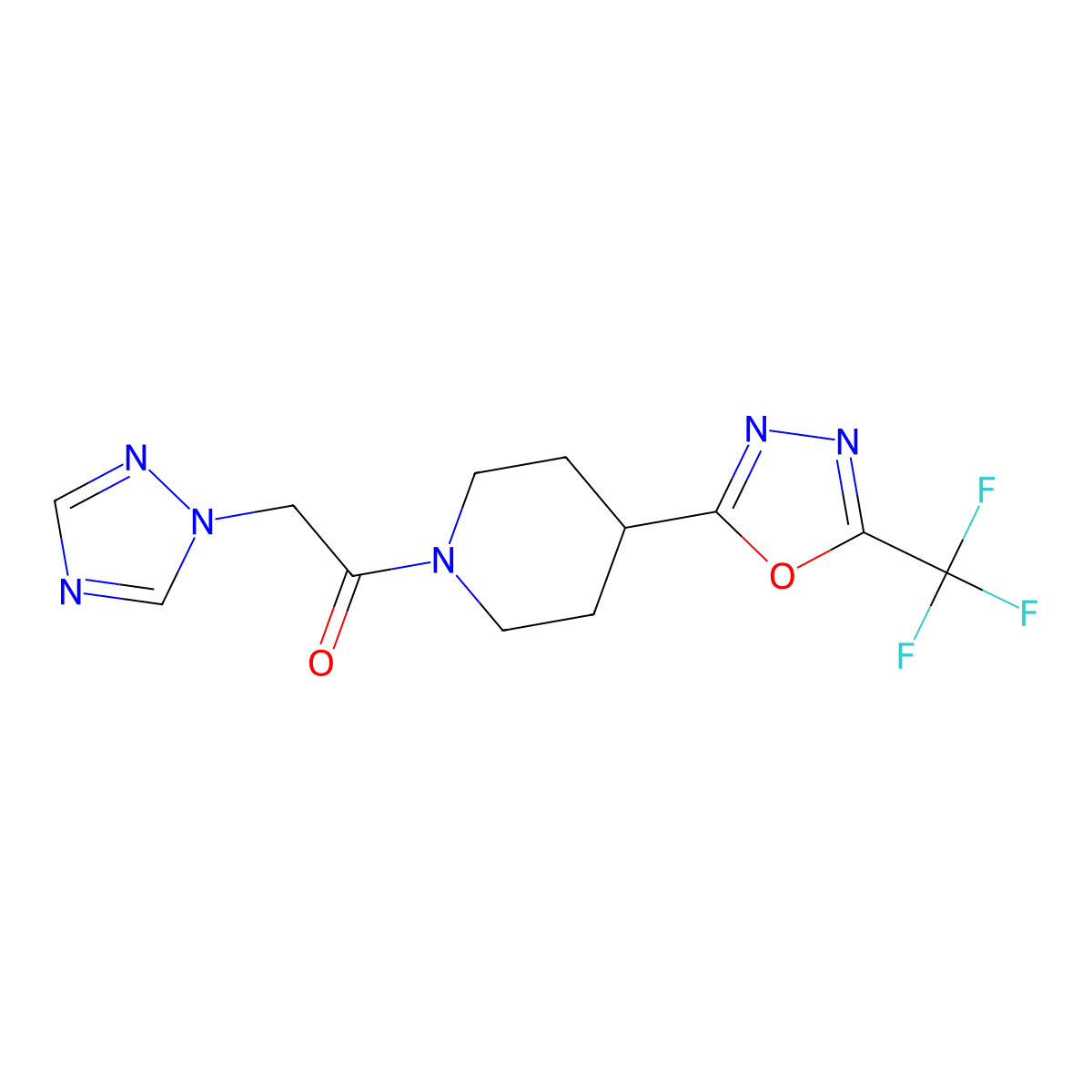 2-(1H-1,2,4-triazol-1-yl)-1-(4-(5-(trifluoromethyl)-1,3,4-oxadiazol-2-yl)piperidin-1-yl)ethanone molecular structure, CAS 1396757-49-5