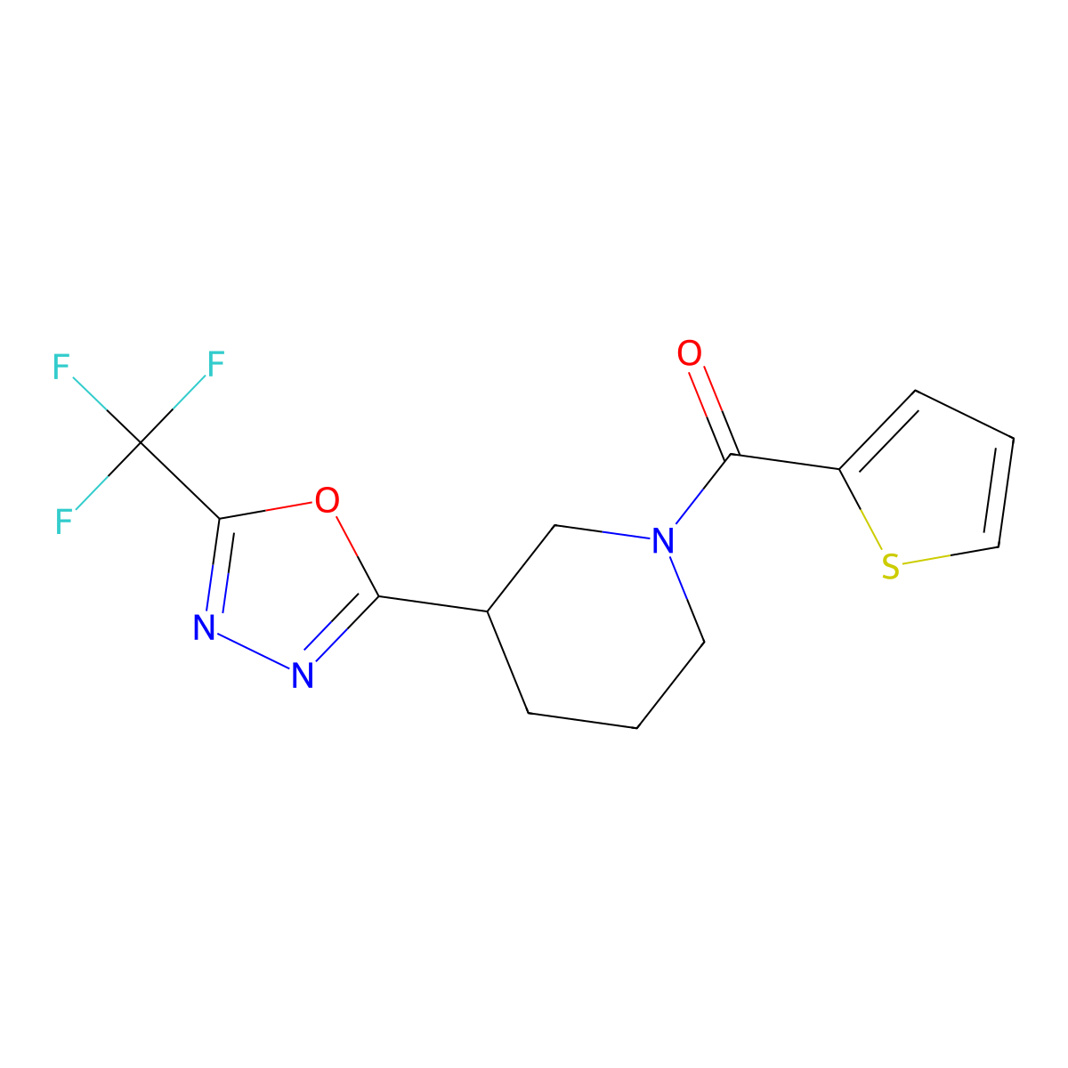 Thiophen-2-yl(3-(5-(trifluoromethyl)-1,3,4-oxadiazol-2-yl)piperidin-1-yl)methanone molecular structure, CAS 1396757-77-9