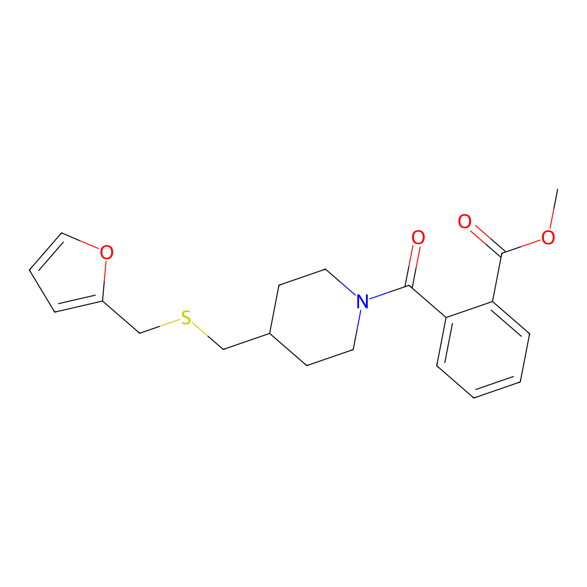 Methyl 2-(4-(((furan-2-ylmethyl)thio)methyl)piperidine-1-carbonyl)benzoate molecular structure, CAS 1396757-82-6