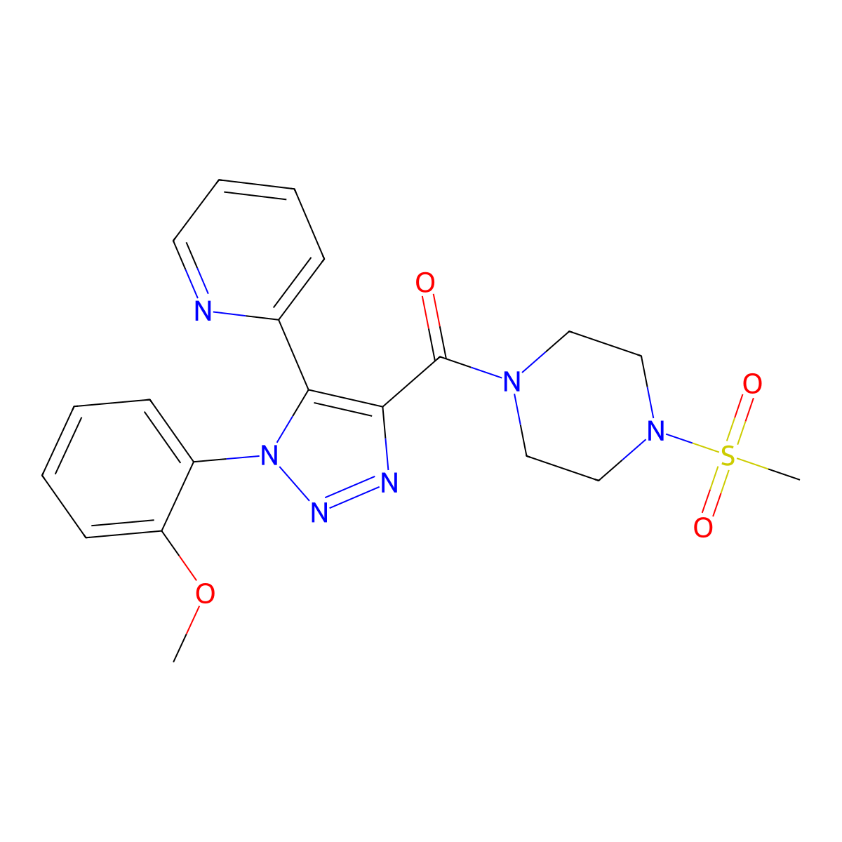 (1-(2-methoxyphenyl)-5-(pyridin-2-yl)-1H-1,2,3-triazol-4-yl)(4-(methylsulfonyl)piperazin-1-yl)methanone molecular structure, CAS 1396757-87-1