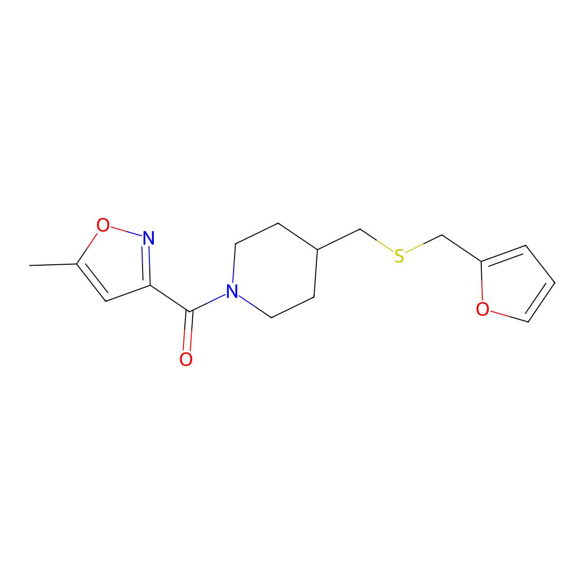 (4-(((Furan-2-ylmethyl)thio)methyl)piperidin-1-yl)(5-methylisoxazol-3-yl)methanone molecular structure, CAS 1396757-90-6