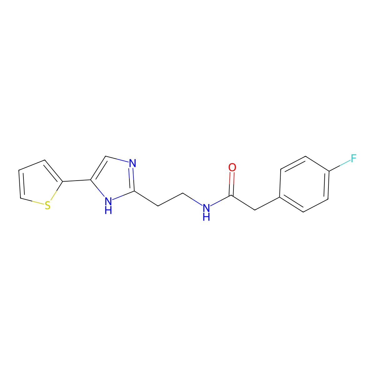 2-(4-fluorophenyl)-N-(2-(4-(thiophen-2-yl)-1H-imidazol-2-yl)ethyl)acetamide molecular structure, CAS 1396757-95-1