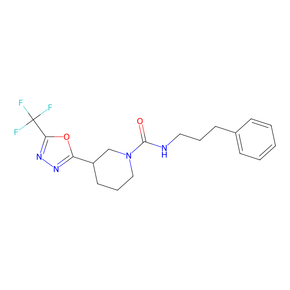 N-(3-phenylpropyl)-3-[5-(trifluoromethyl)-1,3,4-oxadiazol-2-yl]piperidine-1-carboxamide molecular structure, CAS 1396757-96-2