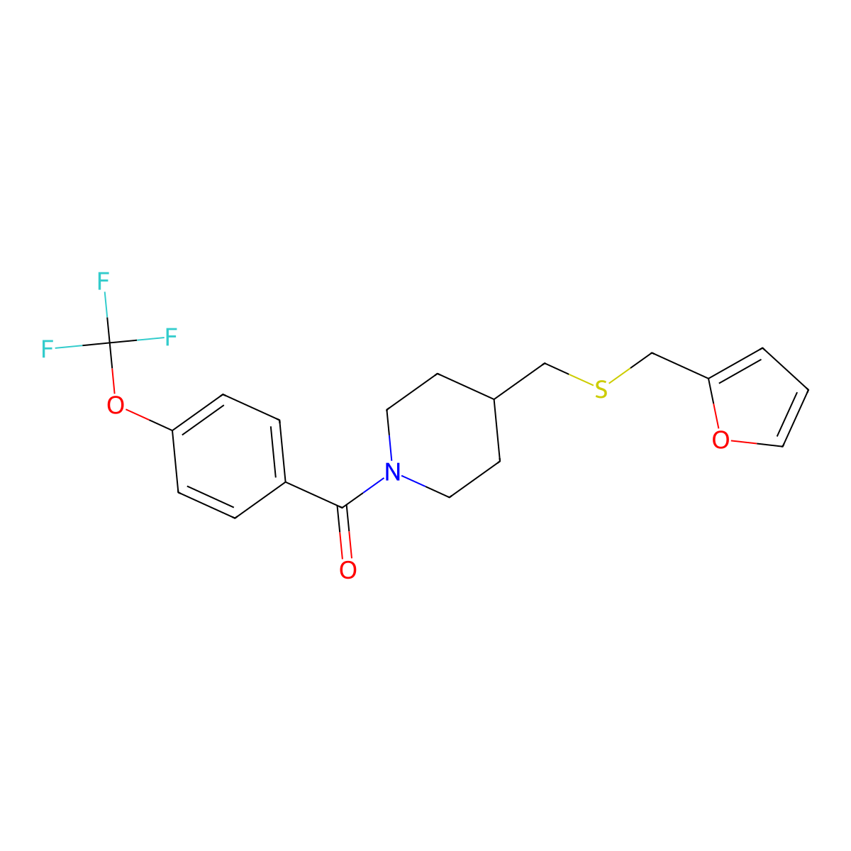 (4-(((Furan-2-ylmethyl)thio)methyl)piperidin-1-yl)(4-(trifluoromethoxy)phenyl)methanone molecular structure, CAS 1396757-98-4